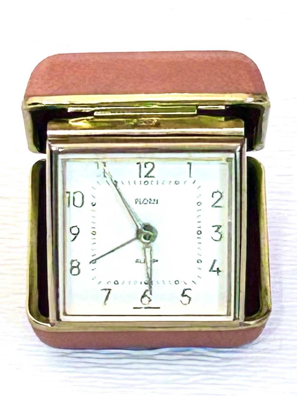 Vintage Florn Travel Alarm Clock in Camel Brown & Gold Leatherette Compact Case